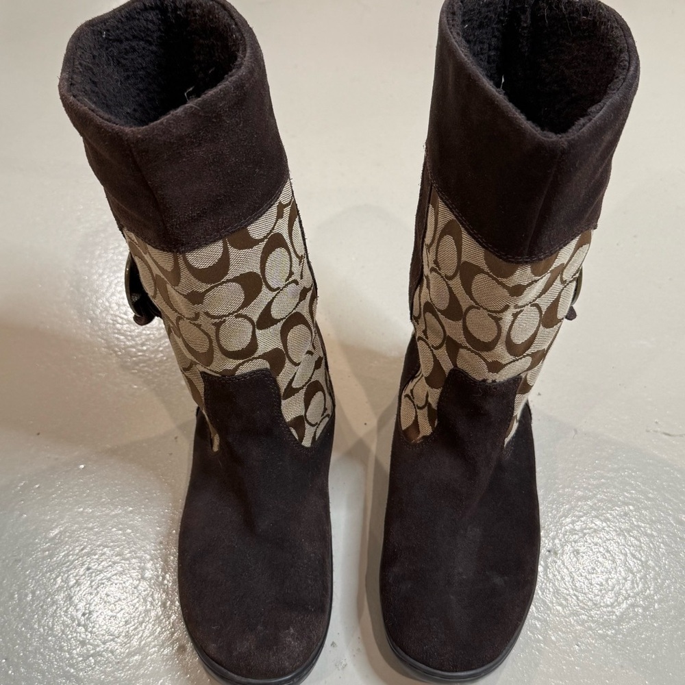 Coach Brown Signature Suede and Logo Mid-Calf Boots - Picture 4 of 14